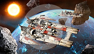 Space fighters above planet 3D illustration