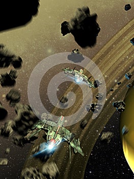 Space fighters crossing an asteroids belt
