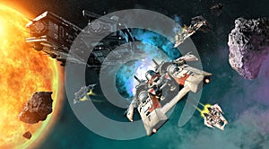 Space fighters and mother ship 3D illustration