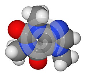 Space-filling model of caffeine molecule