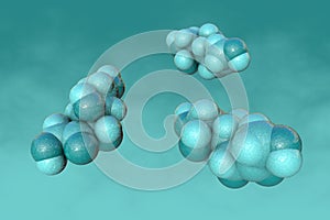 Space-filling molecular model of fructose on turquoise background. Fructose or fruit sugar found in many plants