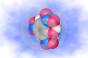 Space-filling molecular model of picric acid. Atoms are represented as spheres with color coding: carbon (gray), oxygen photo