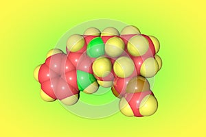 Space-filling molecular model of yohimbine or quebrachine, an alkaloid plant-derived molecule with aphrodisiac effects