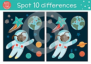 Space find differences game for children. Astronomy educational activity with funny astronaut dog, earth, stars, planets.