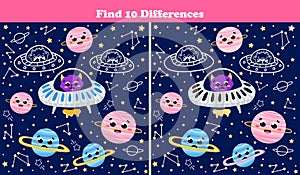 Space find ten differences game with cute planets,alien astronaut and flying spaceship in cartoon style for kids