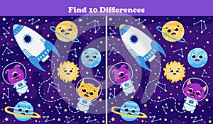 Space find ten differences game with cute planets,alien astronauts and flying rocket in cartoon style for kids
