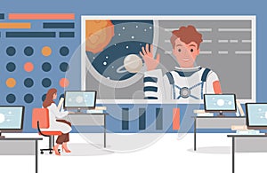 Space flight control center vector flat illustration. Scientist woman talking on satellite link with an astronaut.