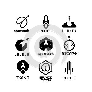 Space flying rockets, launching shuttles, spaceship, aviation vector logos isolated