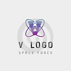 space force logo design v initial galaxy rocket vector in gradient background