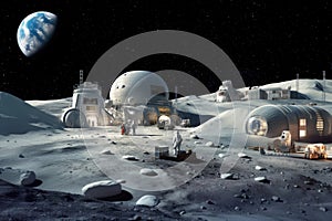 Space frontier settlement, a lunar base with astronauts working by futuristic buildings and Earth in the sky above. Generative AI