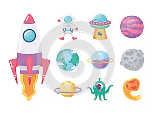 Space galaxy astronomy cartoon icons set spaceship astronaut comet ufo planet and alien