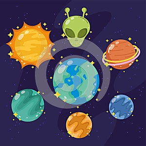 Space galaxy astronomy in cartoon style set icons planet alien sun