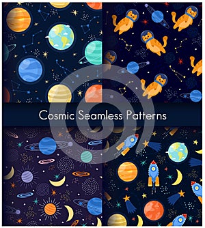 Space galaxy constellation, planet stars, rocket with cat astronaut seamless pattern set
