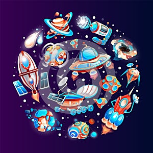 Space game elements. Outer space objects symbols and design elements spaceships planets meteorites