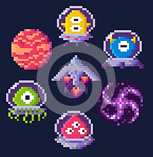 Space Game Pixel Art, Aliens and Spaceship Icons