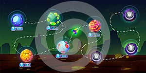 Space game ui level map with alien planets