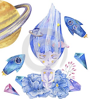 Space Girl watercolor fantasy on milky way solar system magic flying blue set Rockets UFO Flowers character drawing illustration g