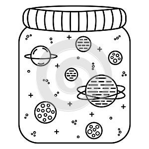 Space in a glass jar.Black and white doodle planets and stars