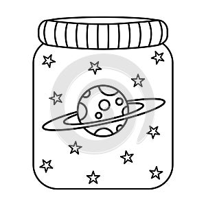 Space in a glass jar.Black and white doodle stars and planet