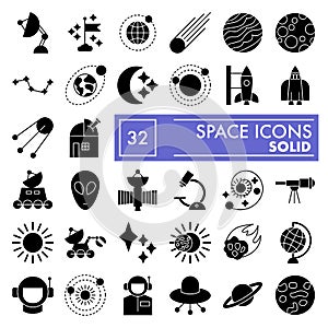 Space glyph icon set, astronomy symbols collection, vector sketches, logo illustrations, science signs solid pictograms