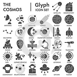 Space glyph SIGNED icon set, astronomy symbols collection, vector sketches, logo illustrations, science signs solid