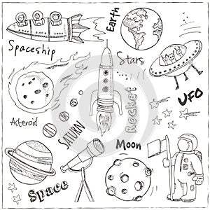Space hand drawn doodles. Stars, planet and space transportation