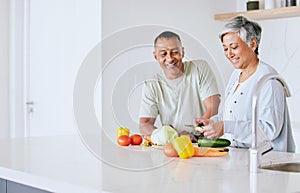 Space, health and cooking with old couple in kitchen for food, lunch and helping. Wellness, nutrition and diet with