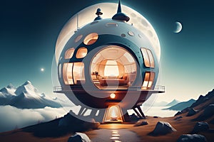 a space home in an outer world landscape generated by Ai