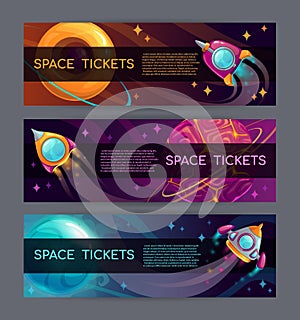 Space horizontal banners. Rocket launch concept. Vector illustration.