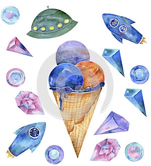 Space Ice Cream watercolor fantasy on milky way solar system flying blue Rockets UFO doodle character drawing illustration geometr