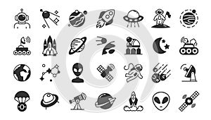 Space icons. Earth and universe symbols. Astronaut in rocket with satellite. Astronomy stars like moon or sun. Meteorite
