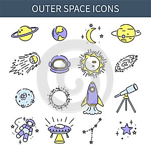 Space icons set, colorful minimalistic collection of astronomy symbols and planets, vector illustration