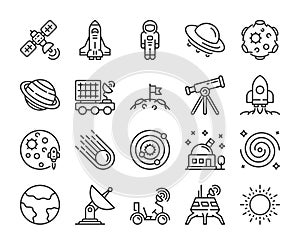 Space icons. Space exploration line icon set. Editable Stroke.