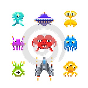 Space invaders, game enemies in pixel art style