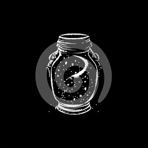 Space jar dotwork tattoo with dots shading, depth illusion, tippling tattoo. Hand drawing white emblem on black