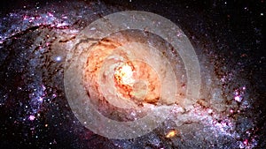Space journey through start field into stellar nursery NGC 1672. Spiral