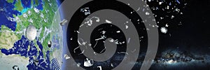 Space junk in Earth orbit, debris orbiting the blue planet, flying trash 3d illustration banner, elements of this image are furni