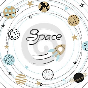 Space kids vector illustration with hand drawn planets and rocket