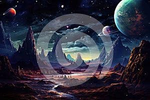 Space landscape with planets and stars Space background with planet landscape, stars, satellites and alien planets in sky