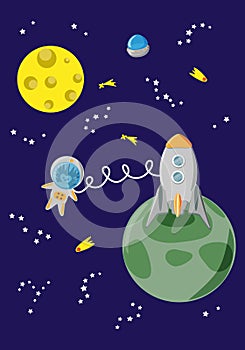 Space landscape with rocket and hedgehog astronaut - vertical photo