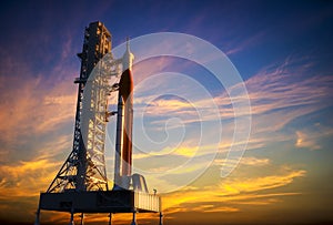 Space Launch System On Launchpad Over Background Of Red Clouds