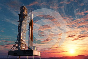 Space Launch System On Launchpad Over Background Of Sunrise