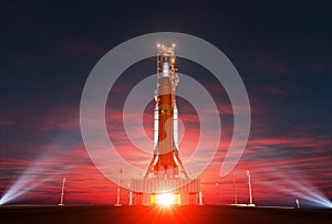 Space Launch System On Launchpad Over Background Of Sunrise