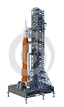 Space Launch System On Launchpad Over White Background photo