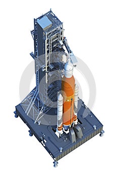 Space Launch System With Launchpad Over White Background photo