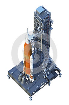 Space Launch System With Launchpad On White Background photo