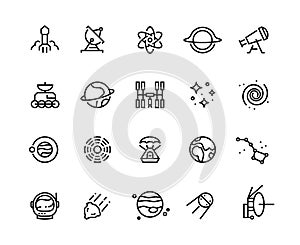 Space line icons. Cosmic astronomy galaxy astronaut rocket launch meteor space telescope planets and stars. Cosmos