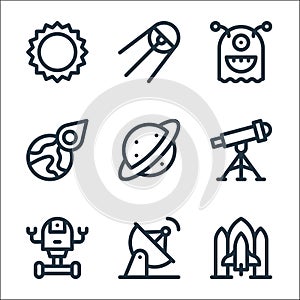 Space line icons. linear set. quality vector line set such as spaceship, satellite dish, space robot, telescope, saturn, asteroid