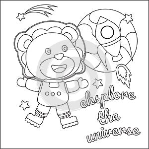 Space lion or astronaut in a space suit with cartoon style. Creative vector Childish design for kids activity colouring book or