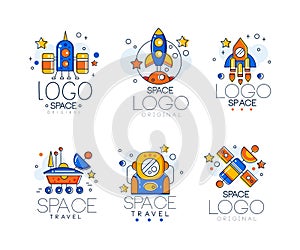 Space Logo with Astronaut, Rocket and Satellite with Planets Line Vector Set